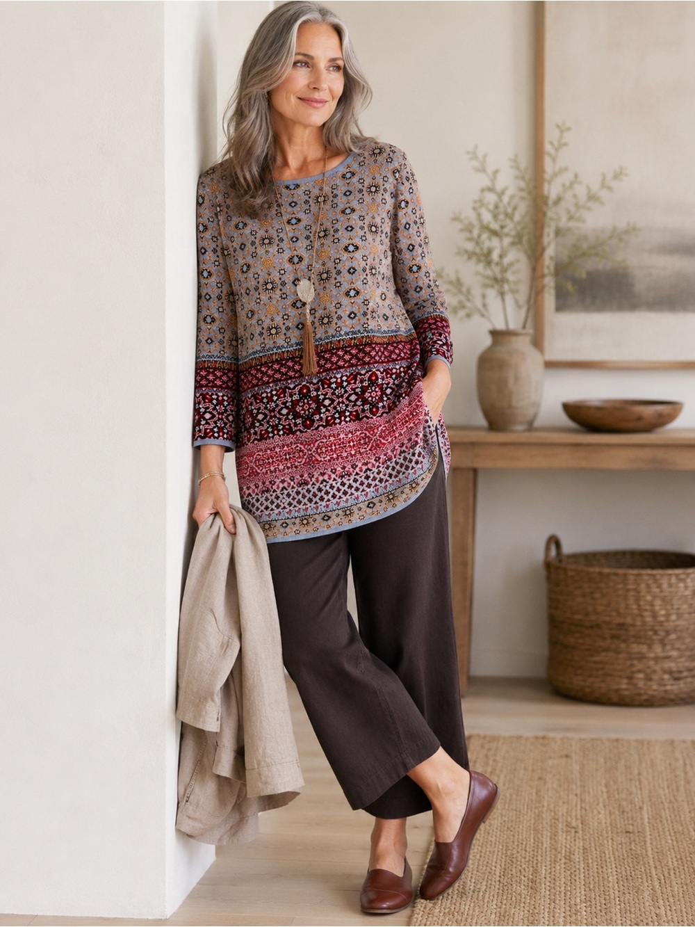 J.JILL 3/4 sleeve Fall Print cotton linen SWEATER SZ M